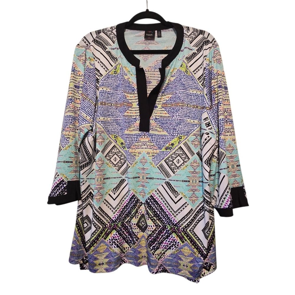 Rafaella Geometric Tunic Top Women's Plus 1X Lagenlook Artsy Flowy Stretch Aztec